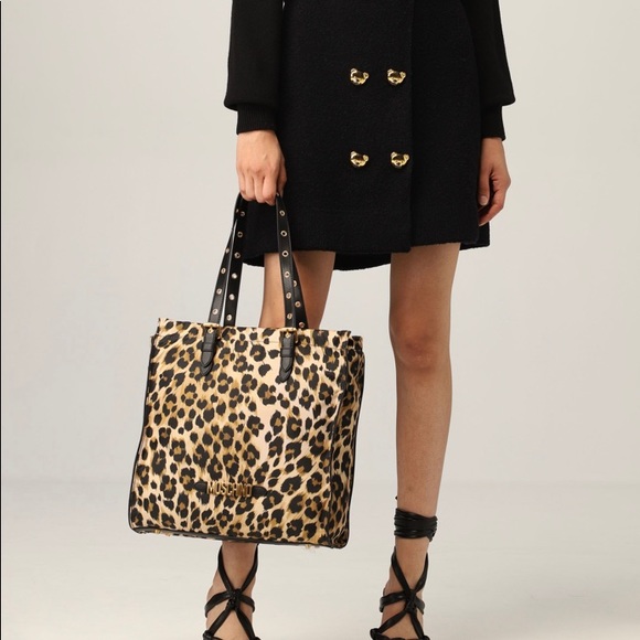 SOLD⛔️Authentic MOSCHINO leather/cotton cheetah print top zip tote/Crossbody - Picture 3 of 16